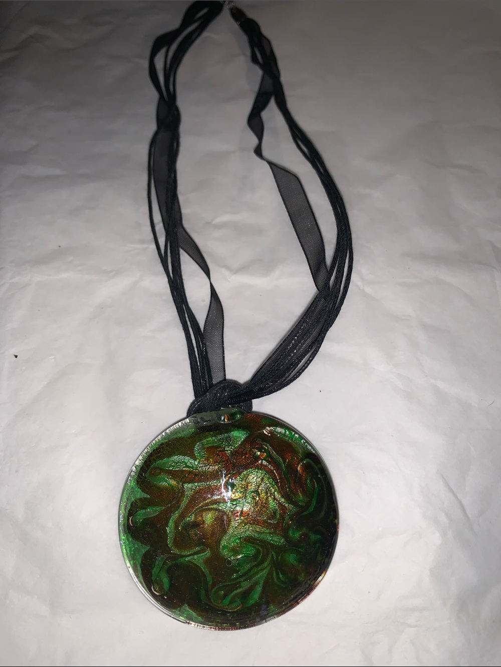Green and Brown Swirl Glass Pendant Necklace on Black Ribbon & Cord